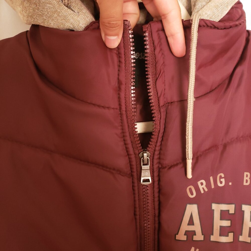 Aeropostale Beige Maroon Hoodie Varsity Bomber Quilted Zipper Jacket Size Large - Picture 11 of 16
